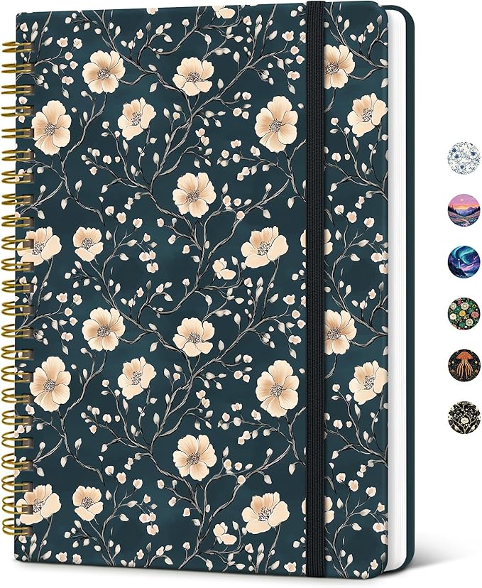 Lined Spiral Journal Notebook for Women, Pretty College Ruled Notebook for Work & Note Taking, A5 Hardcover Journal for Writing, Cute Aesthetic 140 Pages, Floral Vine