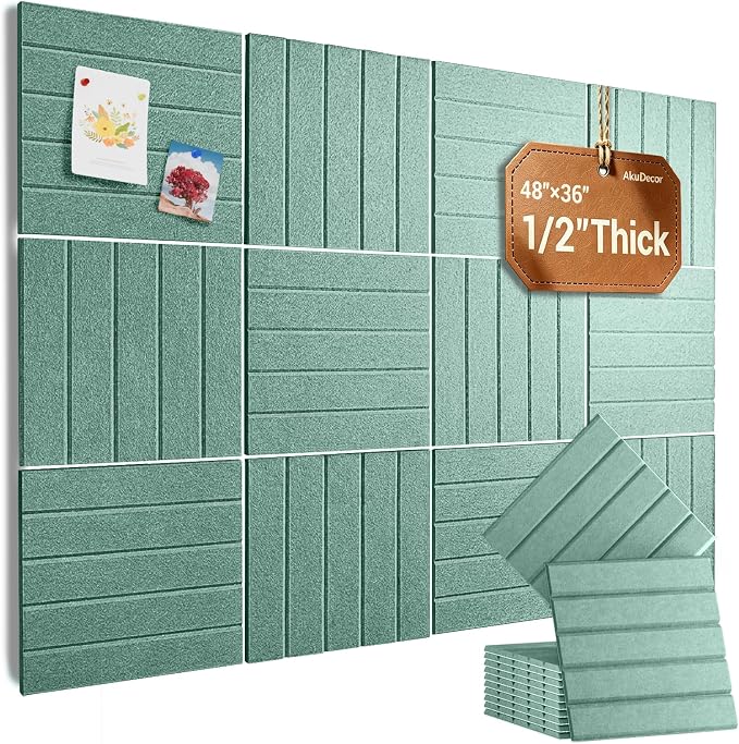 48" x 36" Large Felt Bulletin Board 1/2" Thick, Jade Green | 12 Pack Felt Tiles, Cork Board Alternative, 60 Adhesive Tabs, Pin Board for Home Office Decor with Easy Install