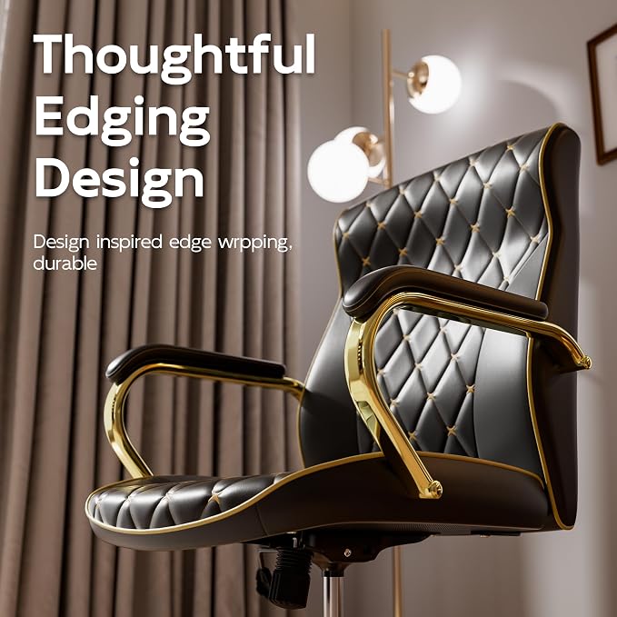 Black and Gold Office Chair, Luxury Leather Executive Desk Chair | Elegant Timeless Appeal, Vintage Mid Back Styling with Wheels and Padded Arms, Thick High Density Foam Comfort