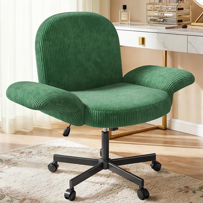 HUANUO Criss Cross Office Chair for Women, Cross Legged Desk Chair with Adjustable Armrests, Soft Corduroy Fabric for Small Spaces, Petite Home Office Computer Chair for Girls, Deep Green