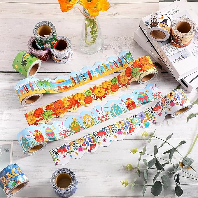 Geyee 12 Rolls 394 ft Holiday Bulletin Board Borders Seasonal Bulletin Board Decorations Easter Summer Trim for School Classroom Wall Decor