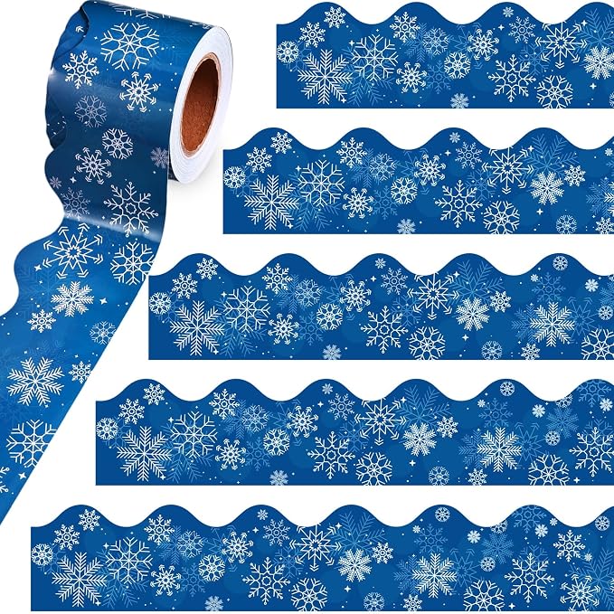 32.8 Ft Winter Snowflake Bulletin Borders Blue Scalloped Trim | Scalloped Edge for Classroom Boards, Blue Snowflake Winter Pattern, Spanish Style Office Trim, Holiday Decor
