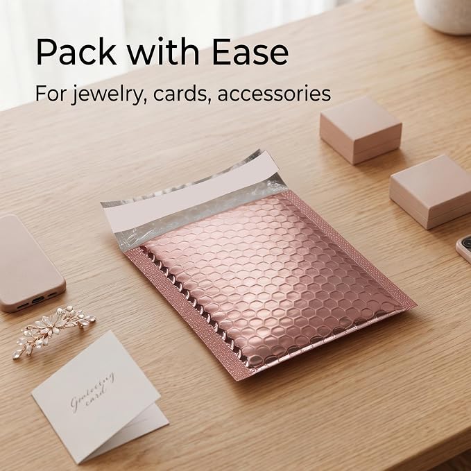 100 PCS 5 x 6 Inch Metallic Bubble Mailers, Rose Gold Padded Mailing Envelopes, Practical Self Seal Aluminum Film Shipping Envelopes for Packing, Mailing