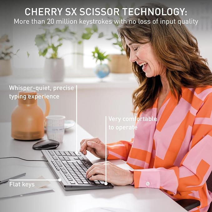 Cherry Stream Keyboard | Wired Slim Whisper Quiet | Silent Keys | Black | For PC/Laptop, Unique Typing Feel, Slim Design, CHERRY SX Scissor Switches, USB-A, QWERTY, Home or Office
