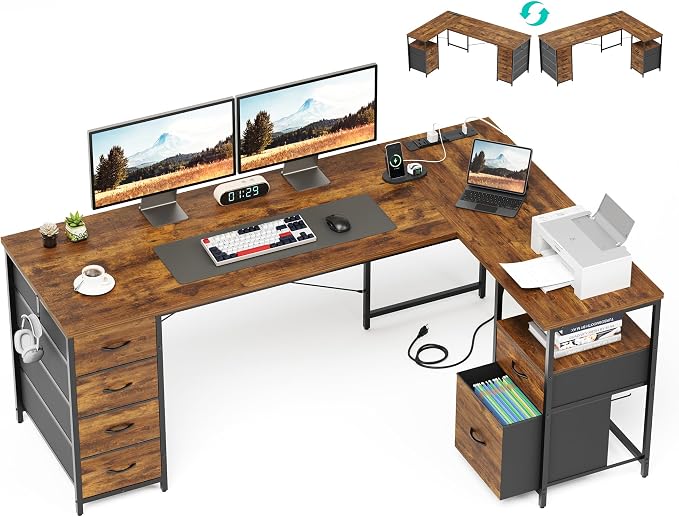 63 Inch L Shaped Office Desk with 6 Drawers & Type-C Port, Rustic Brown | File Cabinet, Power Outlets, Reversible Corner Computer Desk, Work Desk with Storage for Home Office, Bedroom, Gaming, Study
