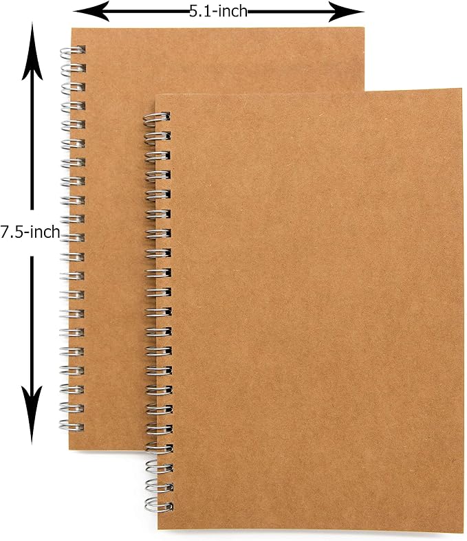 Soft Cover Spiral Notebook Journal 2-Pack, Blank Sketch Book Pad, Wirebound Memo Notepads Diary Notebook Planner with Unlined Paper, 100 Pages/ 50 Sheets, 7.5 inch x 5.1 inch (Brown)