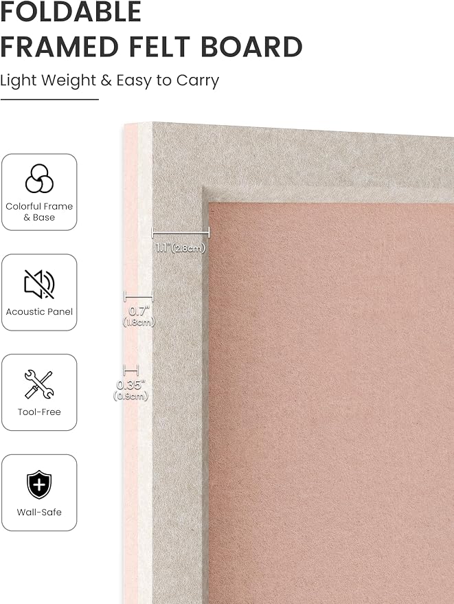Fluxynara 35.4" x 23.6" Felt Frame Bulletin Board, Pink | Cork Board Alternative with 24 Removable Adhesive Tabs, Foldable Pin Board for Wall, Home, Office, Classroom & Dorm