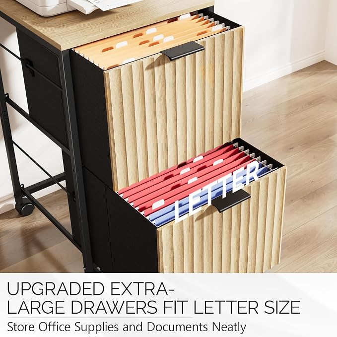 VINGLI 2 Drawer Mobile File Cabinet, Rolling Fluted Filing Cabinet Under Desk File Cabinet with Wheels, Fabric Drawers Printer Stand for Home Office, Fits Letter Size, Oak
