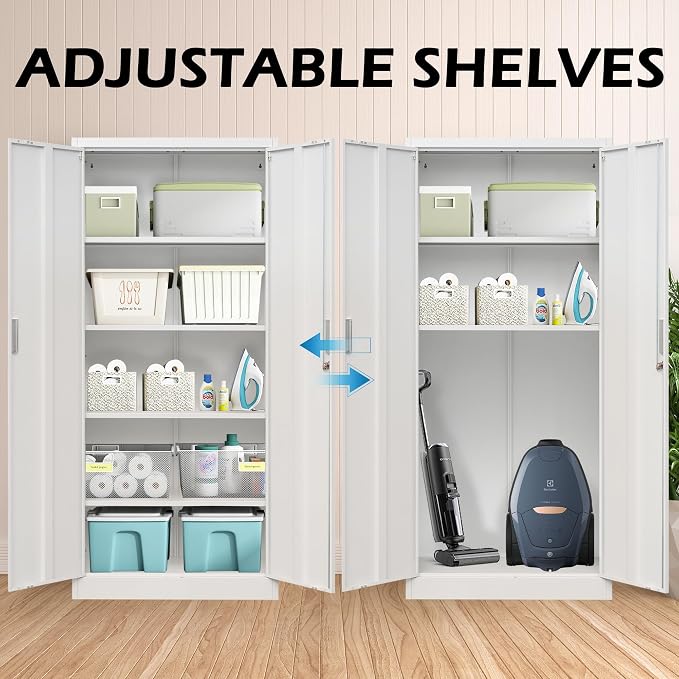 Wanfu Metal Storage Cabinet, 71”H Locking Storage Cabinet with 5 Adjustable Shelves, Steel Cabinets for Garage, Home, Office, Pantry (White)