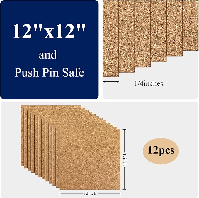 NACHLYNN Cork Board 12 Pack 12 x 12 Self-Adhesive Corkboards for Wall Square Bulletin Board with 100 Push Pins Frameless Cork Tiles for Walls Home Office