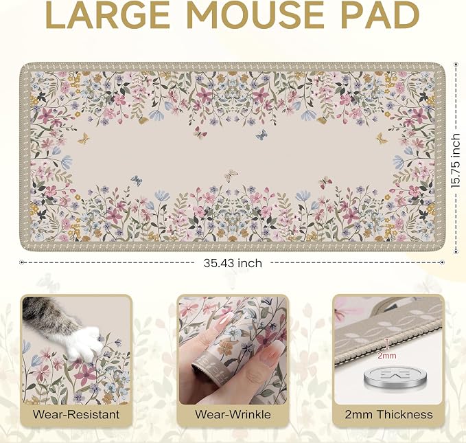 iCasso Floral Desk Mat,Cute Gaming Mouse Pad,Beige | Anti-Slip Desk Matt for Desktop,Soft Lycra Surface Computer Mat Women Girly for Home Office
