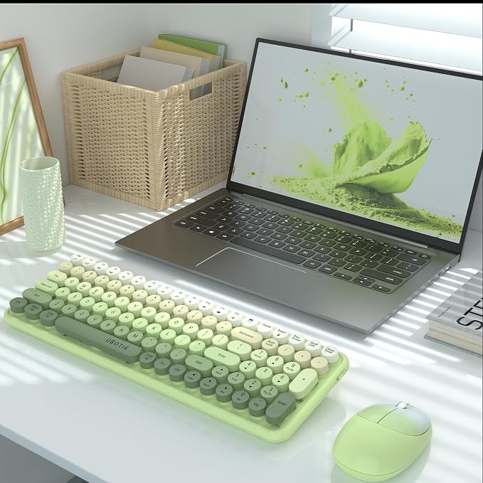 UBOTIE Wireless Keyboards and Mouse Combo (Green Gradient) | Colorful Gradient Rainbow Color Retro Typewriter Flexible Keyboard, 2.4GHz Connection and Optical Mouse for PC Wins Mac