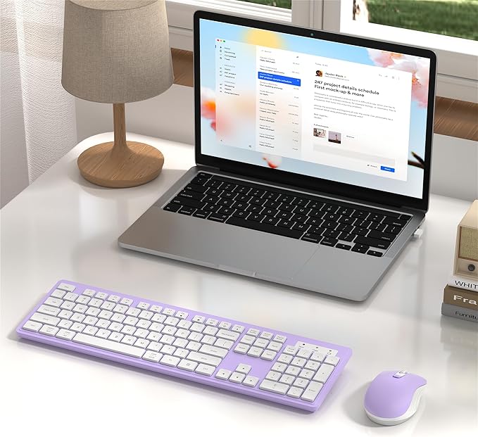 Wireless Keyboard and Mouse Combo, Full-Size 104-Key Office Keyboard with 15 Function Keys, Numeric Keypad, Single USB Receiver, Compatible with PC and Laptop(Purple White)