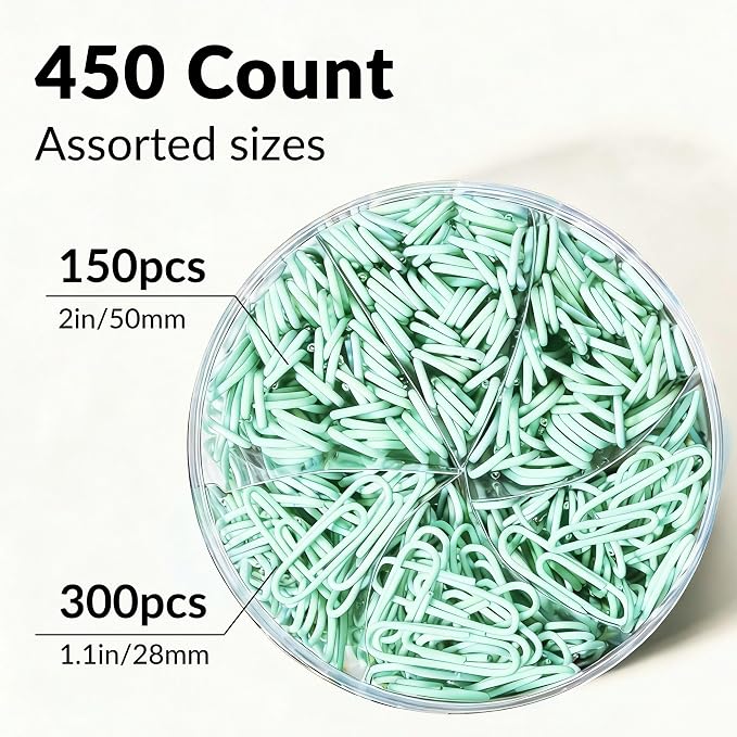 NEEWAY 450pcs Paper Clips Assorted Sizes, Small and Large Paper Clips (1.1 inch, 2 inch), Coated Paperclips for Office School Document Organizing (Light Green)