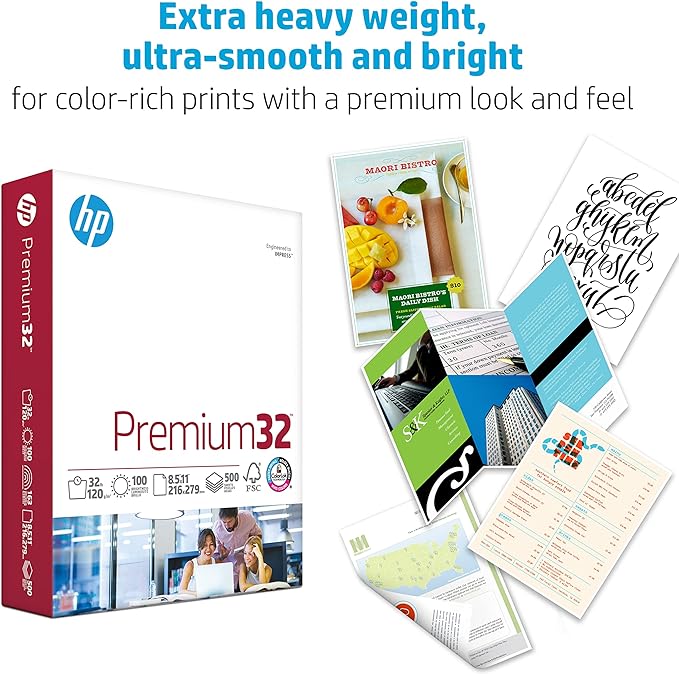 HP Printer Paper |8.5x11 Paper | Premium 32 lb | 1 Ream - 250 Sheets | 100 Bright | Made in USA – FSC Certified | 113500R