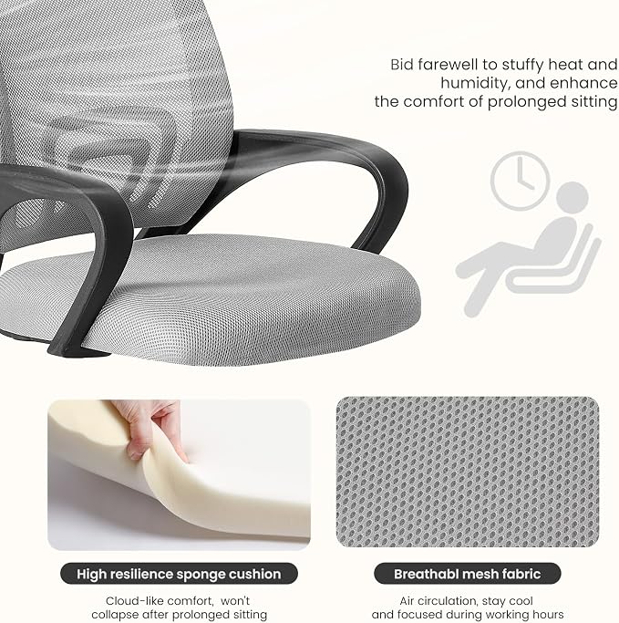 DUMOS Ergonomic Office Chair, Executive Desk Chair with Lumbar Support | Mid Back, Breathable Backrest, Fixed Armrest, Height Adjustable, 360° Swivel, Computer Gaming, Meeting, Grey