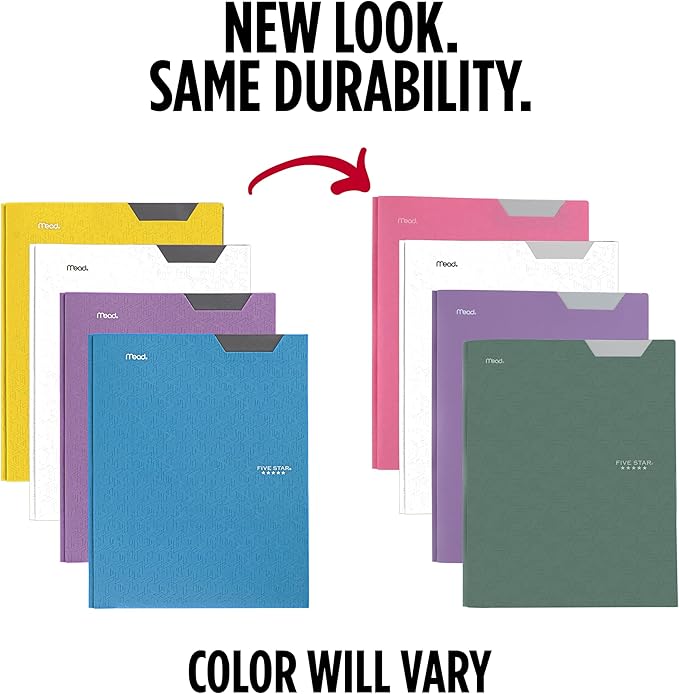 Five Star 2-Pocket Plastic Folder with Stay-Put Tabs and Prong Fasteners, Holds 8.5" x 11" Paper, Assorted Colors, 4 Pack (340300B)