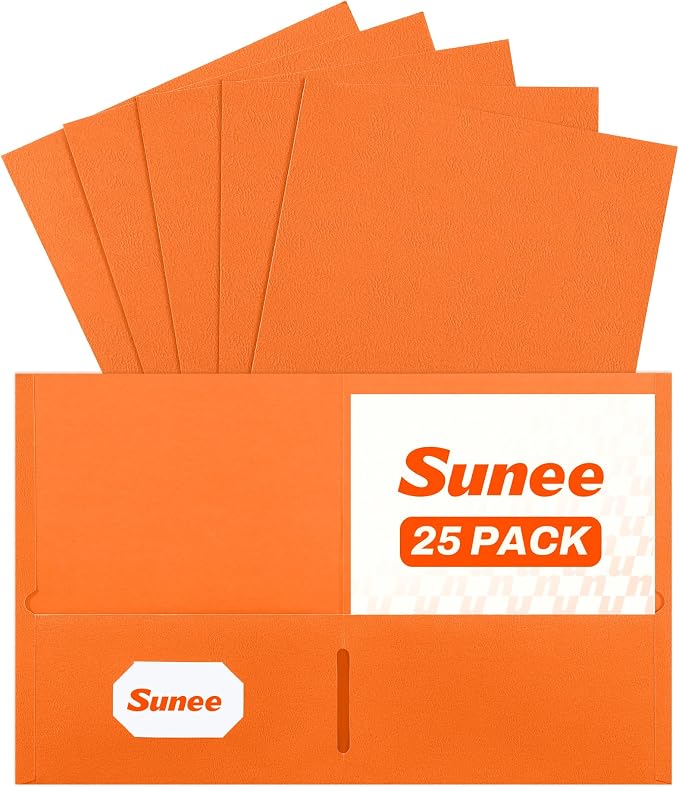 SUNEE Folders with Pockets (25 Pack, Orange), 2 Pocket Folders Fit Letter Size Paper, Paper File Folder for School Office Home Bussiness