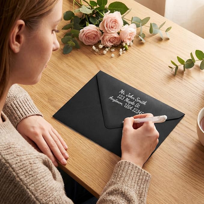 PONATIA 50PCS A7 Euro Flap Envelopes, 5.25 x 7.25'' Liner Envelope For 5x7'' Weddings Invitation Cards, Christmas Gift Cards, Acrylic Invitations, Photos (Black)