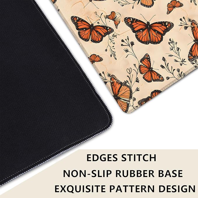 Monarch Butterfly Beige Extended Mouse Pad 31.5x11.8in, Botanical Floral Large Desk Mat with Non-Slip Rubber Base, Big Mousepad for Laptop Computer PC, Gaming Office Home Decor, Deskmat Gifts