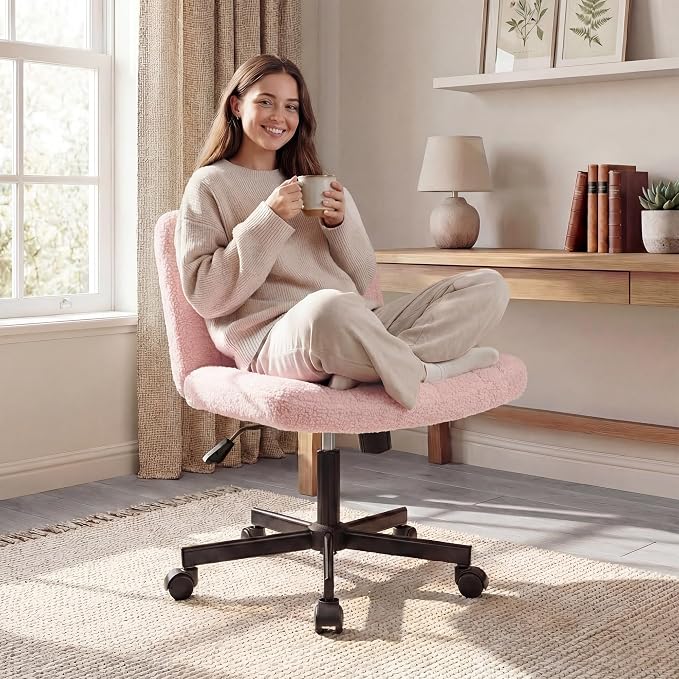 Orange Factory Criss Cross Chair with Wheels, Wide Vanity Seat, Pink Teddy | Cross-Legged with 360° Swivel, Height Adjustable, Smooth and Silent Wheels, Comfy Seating for Office, Desk, or Computer Use