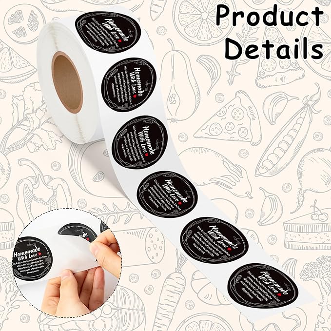 PANTIDE Cottage Food Law Labels Stickers - 500 Count Homemade with Love Adhesive Round Decal Roll, Made in A Home Kitchen Inspection Statement Thermal Printed for Food Packaging (2 x 2 Inch, Black)
