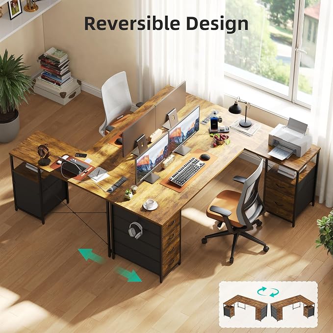 63 Inch L Shaped Office Desk with 6 Drawers & Type-C Port, Rustic Brown | File Cabinet, Power Outlets, Reversible Corner Computer Desk, Work Desk with Storage for Home Office, Bedroom, Gaming, Study