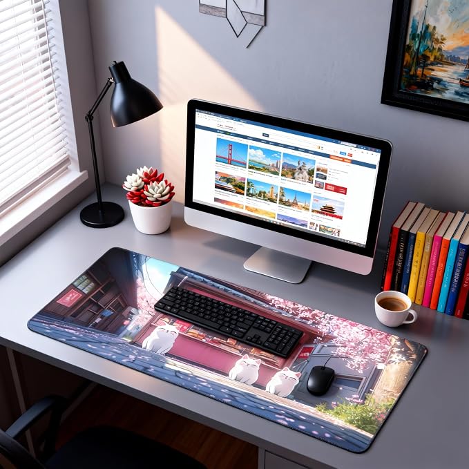 Cute Anime White Cat Gaming Mouse Pad, Blue Pink Anime Desk Mat with Anti-Slip Base & Stitched Edges, Computer Keyboard & Laptop Pad, 35.4" x 15.7" in in Workstation Accessories