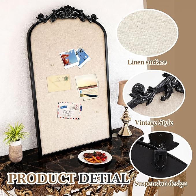 Vintage Framed Pin Board Linen Display Bulletin Board Large Ornate Fabric Picture Photo Pinboard Memo Decorative Prayer Pinboard Ornate for Wall Gift(Arch,19" X 31",Vintage Black)