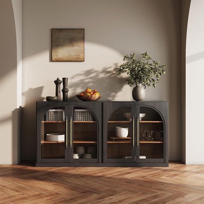 BELLEZE 3 Tier Bookshelf with Arched Glass Door, Set of 2 Modern Display Bookcase Shelf with Storage and Adjustable Shelves, Wood Bookshelves for Living Room Office Entryway (Ebony)