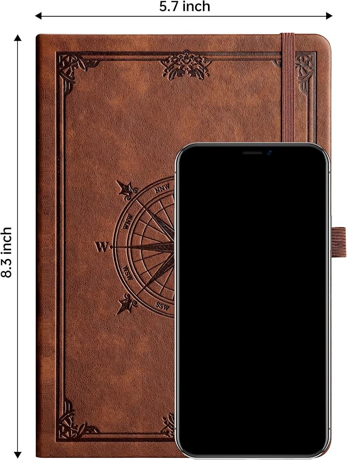 AHGXG Lined Journal Notebook, 192 Numbered Pages, A5 Size (5.7'' x 8.3'') | for Men & Women, Journaling, Writing, Work & Office, Leather Hardcover, 100 GSM Thick Paper (Brown)