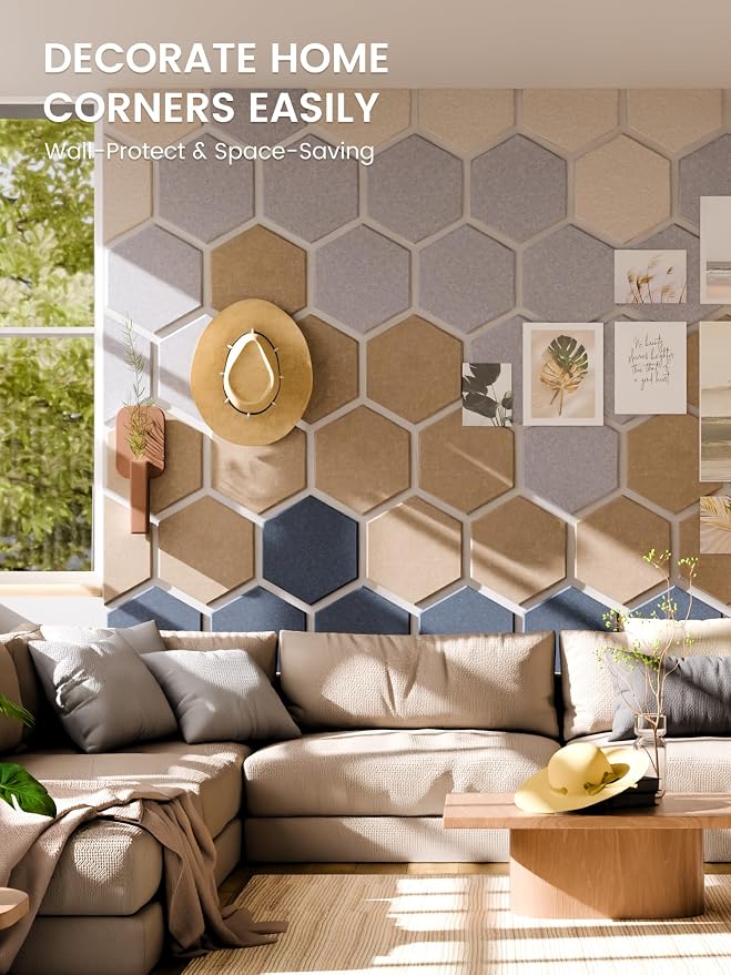 Fluxynara 12-Pack Hexagon Felt Bulletin Board Tiles, Nordic Slate-1 | Cork Board Alternative with 60 Adhesive Tabs for Notes, Photos and Reminders in Home Offices, Dorm and Classrooms