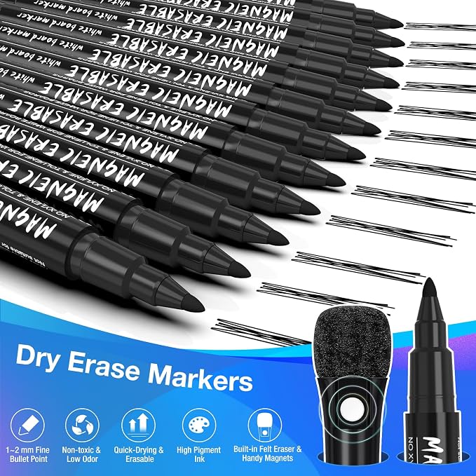 JOBONUS Magnetic Dry Erase Markers Fine Tip Black : 12 White Board Dry Erase Markers with Eraser Cap, Low Odor Erasable Fine Point Markers for Teachers, Home, Office and School Supplies