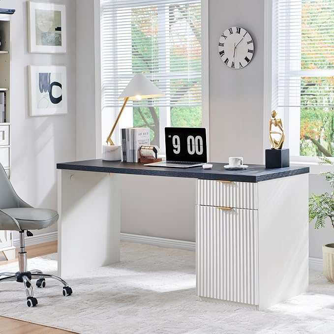60" Fluted Home Office Desk, Reversible Left‑Right Cabinet, Built‑in Outlet | Reversible design lets you fix the cabinet on left‑hand or right‑hand side to fit your room layout