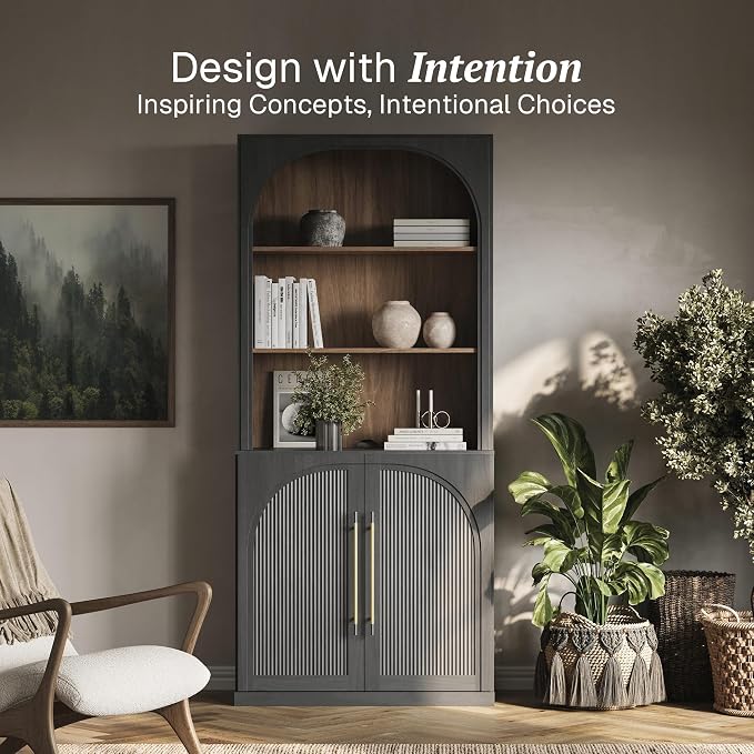 BELLEZE 72" Tall Storage Cabinet with Hutch, Modern Wood Sideboard with Arched Doors and 3-Tier Shelves, Display Curio Cabinet for Kitchen, Dining Room, Living Room, or Office, Ebony