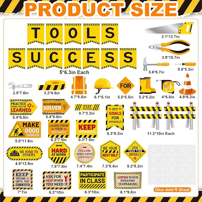 42Pcs Construction Bulletin Board Decorations Set, Tools for Success Classroom Bulletin Board Decor, Construction Theme Cutouts Decor for Classroom Office Back to School Birthday Party Wall Door