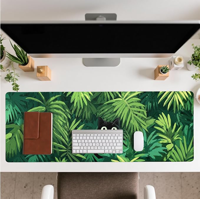 Cute Black Cat Mouse Pad Desk Mat XL Extended Large Gaming Desk Pad Mousepad, Oil Painting Art Floret Computer Laptop Keyboard and Mouse Mat, Desktop Protector Mat for Office and Home 31.5x11.8 in