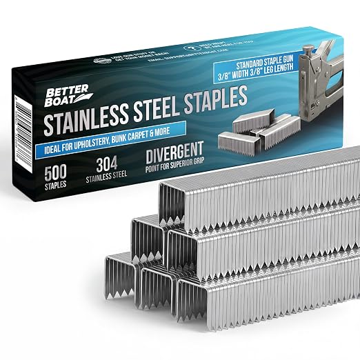 Better Boat Type T50 Stainless Steel Staples for Staple Gun, Heavy Duty | Staples Pack, Bunk Carpet, Upholstery Compatible with T-50 Staple Guns 3/8" width crown, 500 Pack 3/8" Leg