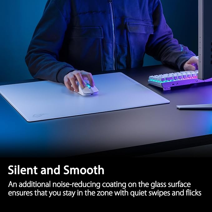 ASUS ROG Moonstone Ace L Glass Gaming Mouse Pad – 19.7” x 15.7”, Ultra-Smooth Matte Tempered Glass for Quiet Ultrafast Glides, Impact/Scratch Resistant, Easy to Clean, Anti-Slip Silicone Base - White