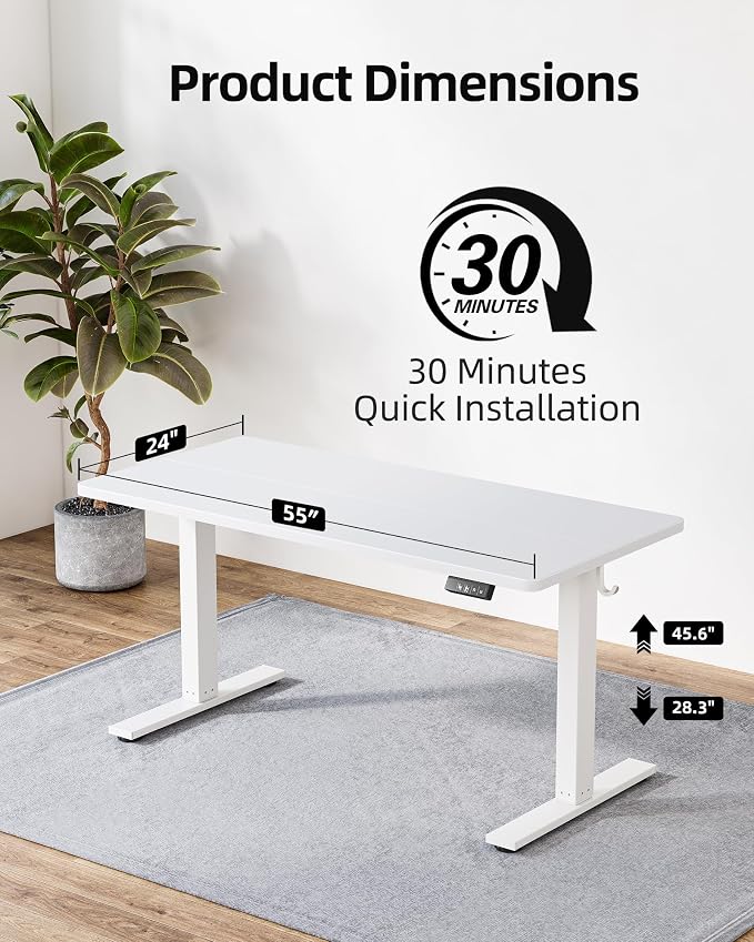 TIQLAB Electric Standing Desk, Adjustable Height Stand up Desk, 55 * 24 Inches Sit Stand Home Office Table with Splice Board, White