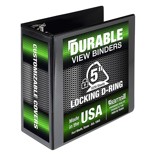 Samsill Durable 5 inch 3 Ring Binder, Locking D Ring 100% Recycled Chipboard, Black