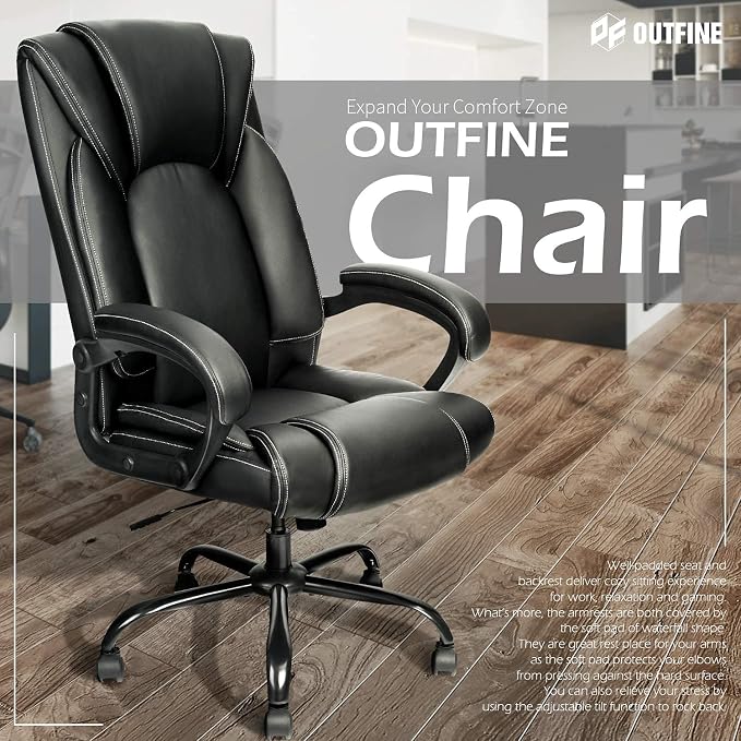 OUTFINE Office Chair Executive Office Chair Desk Chair Computer Chair with 5-Year hydrolysis-Resistant Leather Spring Cushion Ergonomic Support Tilting Function Upholstered in Bonded Leather Black | Spring cushion comfort, 5-year leather. BIFMA sturdy,...