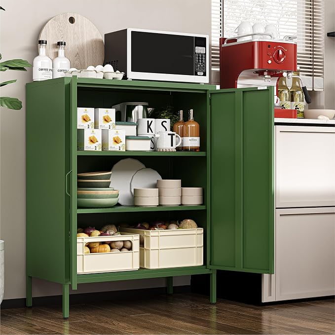 YAUWOH Metal Cabinet with 2 Doors and 4 Shelves，39.96" Tall Steel Office Cabinet,Bathroom Floor Locker for Office,Home,Garage,Gym,School (1PC,Forest Green)