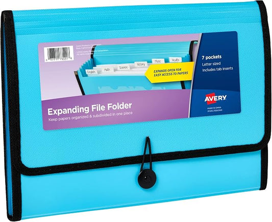 Avery Expanding File Folder Organizer, 7-Pocket Accordion File Organizer, Aqua, Holds 425 Letter/A4-Size Sheets (73551)