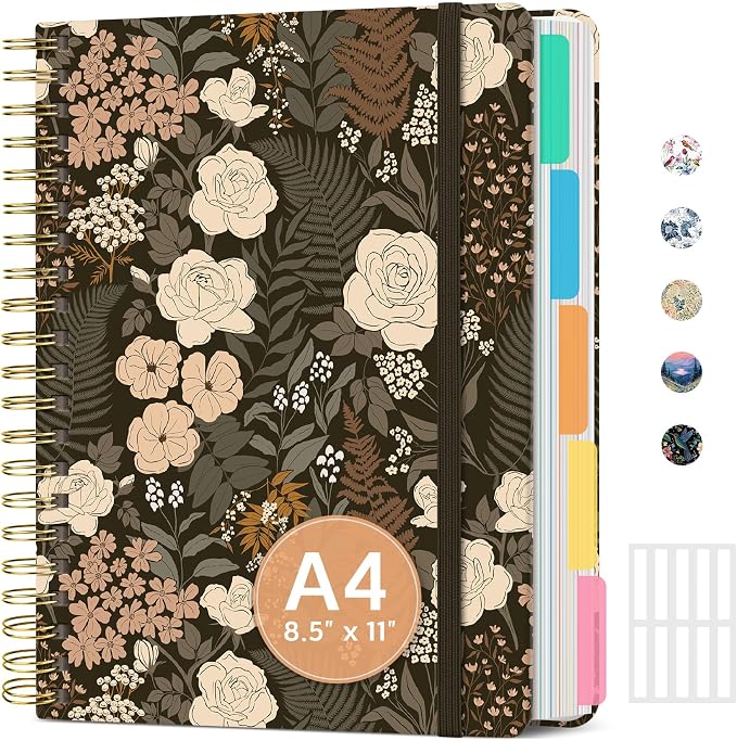 Spiral Notebooks for Work 5 Subject Notebook with Removable Dividers | Aesthetic Hardcover Journal for Women 8.5" x 11" College Ruled 280 Pages Journal for School & Note Taking, Wild Rose