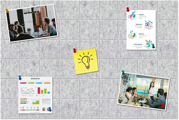 Large Square Felt Cork Board Tiles, Self Adhesive DIY Felt Bulletin Board Pin Board with 35 Pushpins for Office School Home Wall Decor Stickers Memos Photos Display (Light Grey)