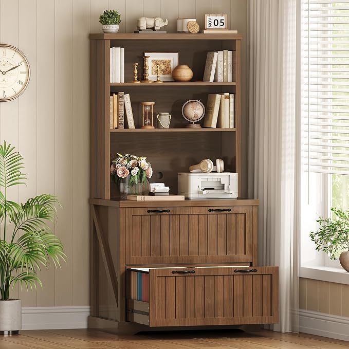 SEDETA Farmhouse File Cabinet with 2 Drawers, Filing Cabinet for Home Office with Storage Shelves, Tall Office File Cabinets for Letter/Legal/A4 Size, Lateral File Cabinets with Printer Stand, Brown