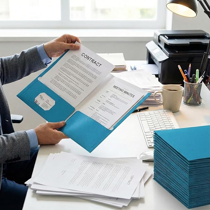 Zzrywuty File Folders with Pockets Letter Size,50-Pack Paper Folders with Card Slot,Light Blue Two Pocket Folders for School Students,Businessmen,Home and Office Workers