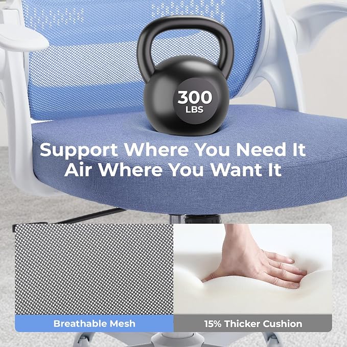 amseatec Mesh Office Chair, Ergonomic Home Office Chair with Flip-Up Arms | Breathable Mesh Back & 3" cushion. BIFMA Certified. 90-110° Rocking. Supports 300 lbs.