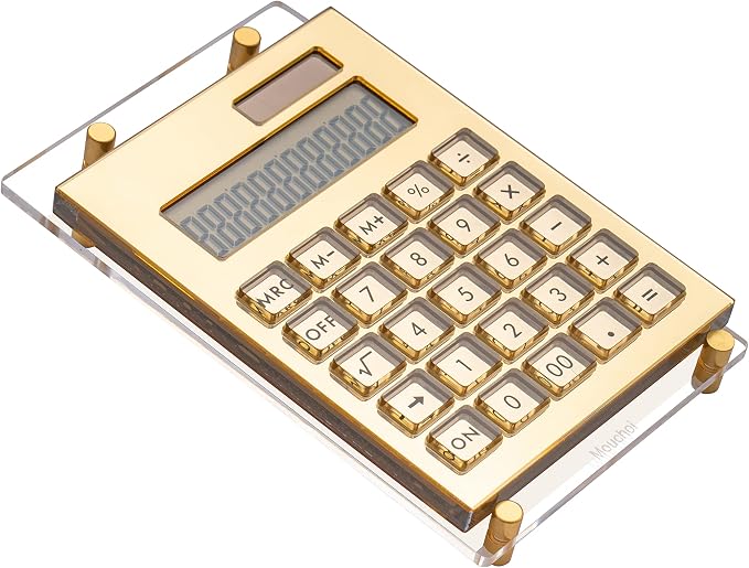 Gold Mirror Solar Power Acrylic Slim Calculator with Large LCD Display and Stand, 12-Digit Handheld Desktop Calculator for Office, School, Business